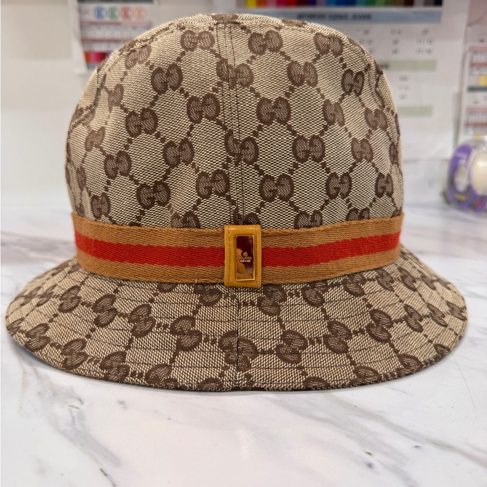 Gucci Beige Brown Monogram Bucket Hat with Orange Stripe
